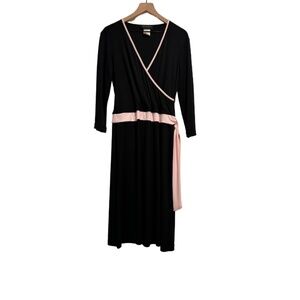 Black Faux Wrap Dress With Pink Trim